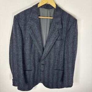 Harris Tweed 44L Long Gray Blue Herringbone Sport Coat Blazer Handwoven Scotland
